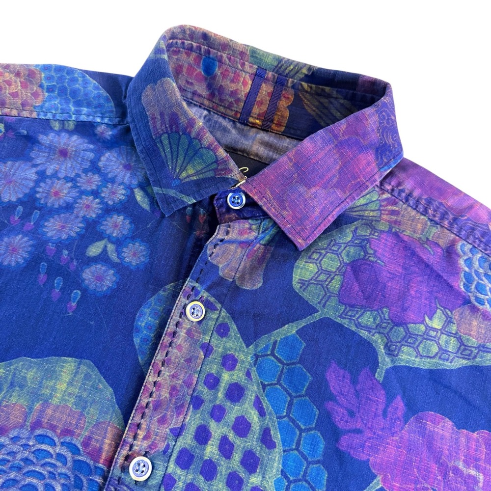 Robert Graham Mens M Tailored Fit Shirt Floral Tropical Blue Purple Short Sleeve